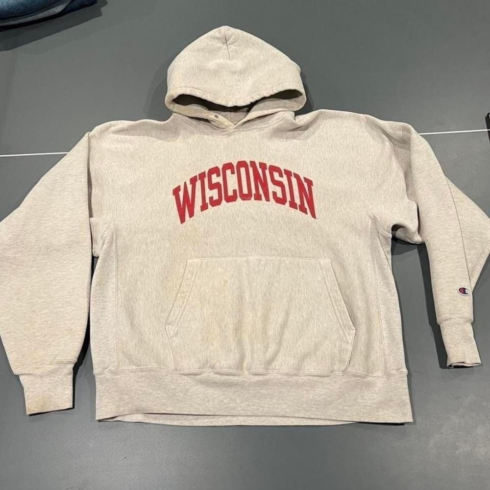 Vintage 1990s Champion Wisconsin Reverse Weave Hoodie Oatmeal XL.  PX